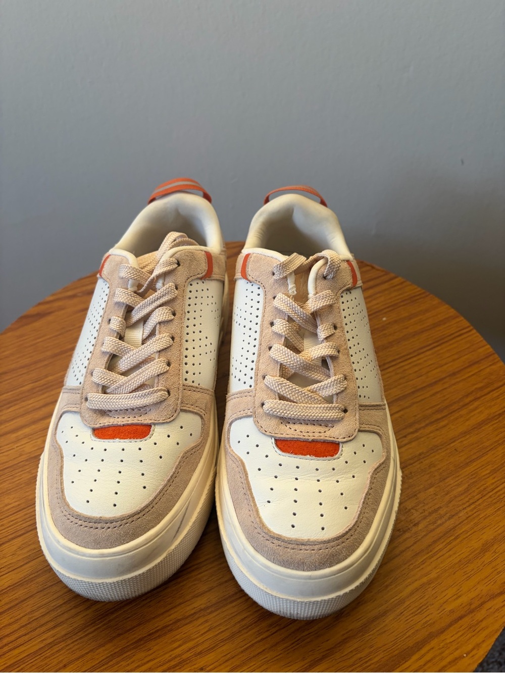 Women Casual Leather & Suede Sneakers in Cream with Orange Accents